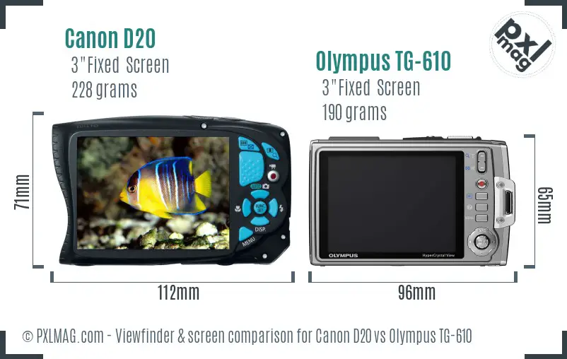 Canon D20 vs Olympus TG-610 Screen and Viewfinder comparison