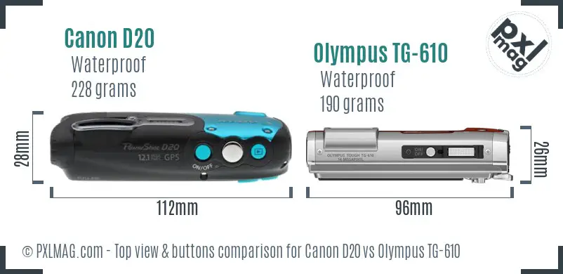 Canon D20 vs Olympus TG-610 top view buttons comparison