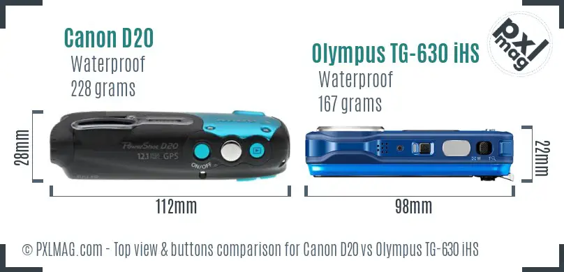 Canon D20 vs Olympus TG-630 iHS top view buttons comparison