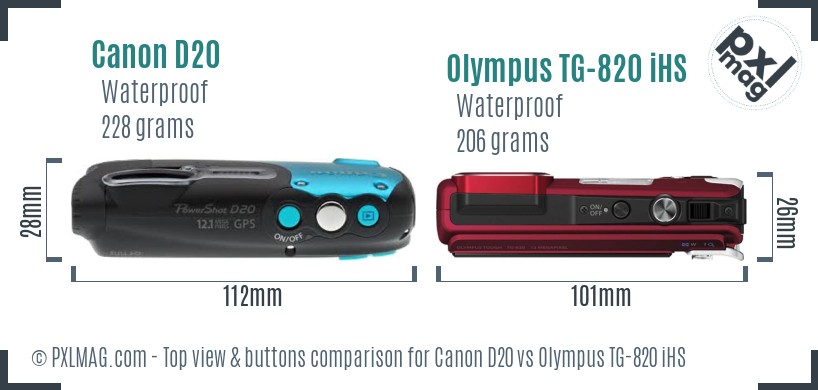 Canon D20 vs Olympus TG-820 iHS top view buttons comparison