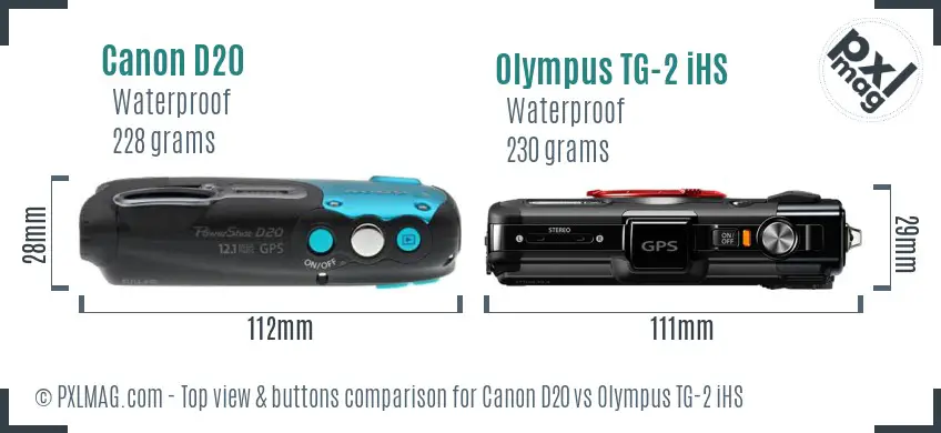 Canon D20 vs Olympus TG-2 iHS top view buttons comparison