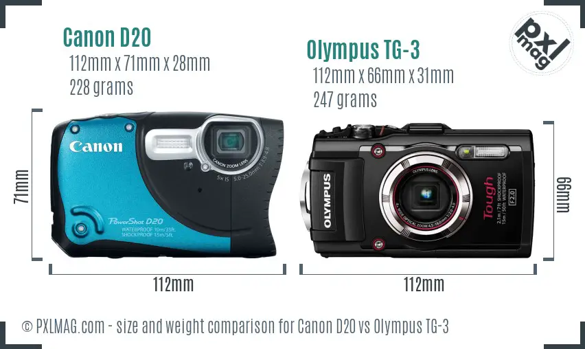 Canon D20 vs Olympus TG-3 size comparison
