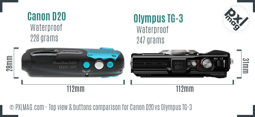 Canon D20 vs Olympus TG-3 top view buttons comparison