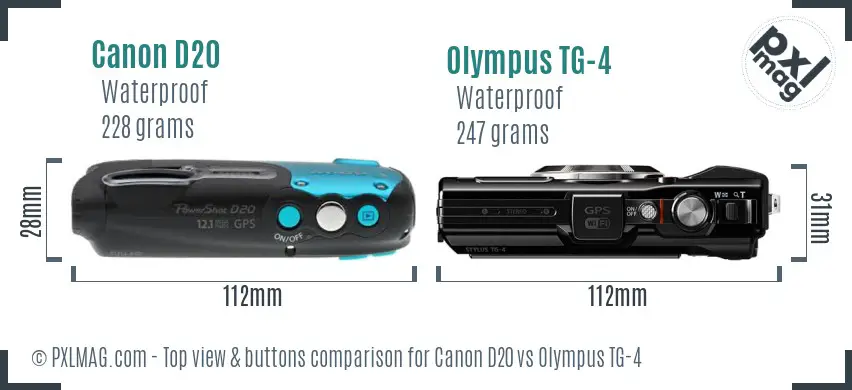 Canon D20 vs Olympus TG-4 top view buttons comparison