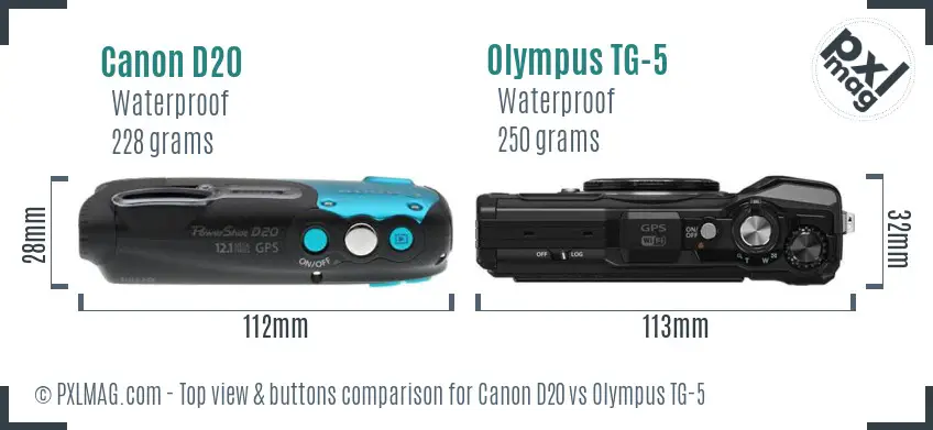 Canon D20 vs Olympus TG-5 top view buttons comparison