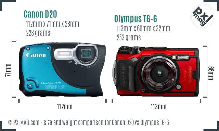 Canon D20 vs Olympus TG-6 size comparison