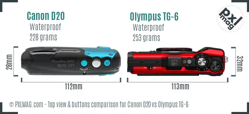 Canon D20 vs Olympus TG-6 top view buttons comparison