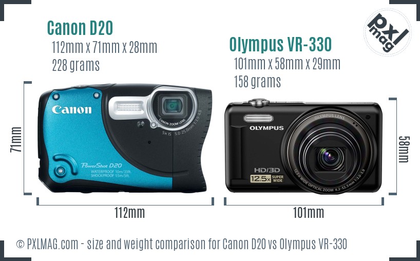 Canon D20 vs Olympus VR-330 size comparison