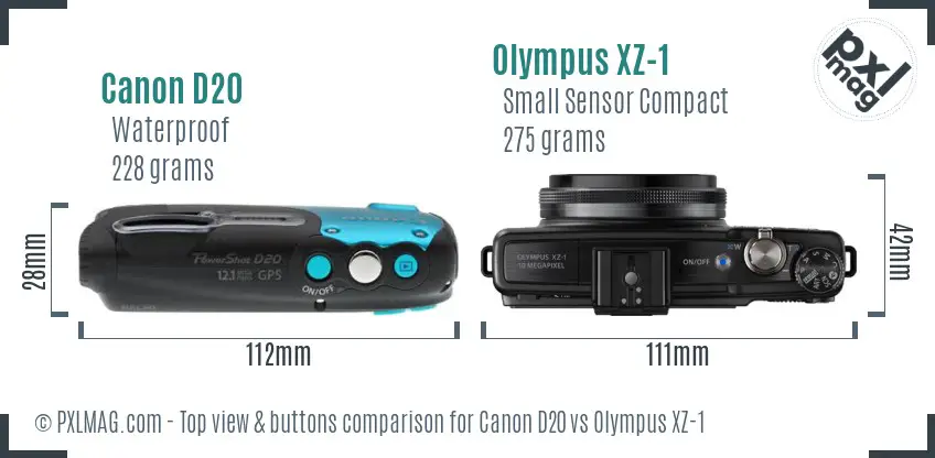 Canon D20 vs Olympus XZ-1 top view buttons comparison Canon D20 vs Olympus XZ-1 top view buttons comparison
