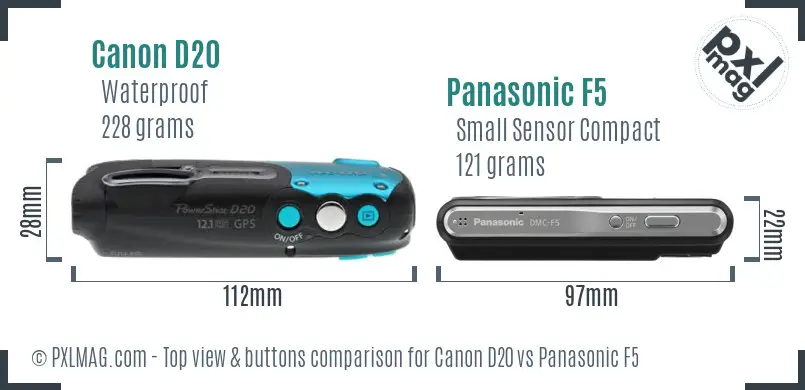 Canon D20 vs Panasonic F5 top view buttons comparison Canon D20 vs Panasonic F5 top view buttons comparison