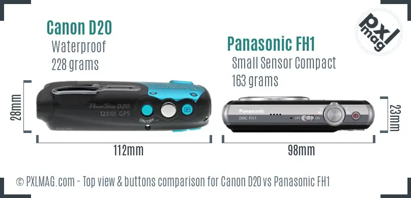 Canon D20 vs Panasonic FH1 top view buttons comparison Canon D20 vs Panasonic FH1 top view buttons comparison