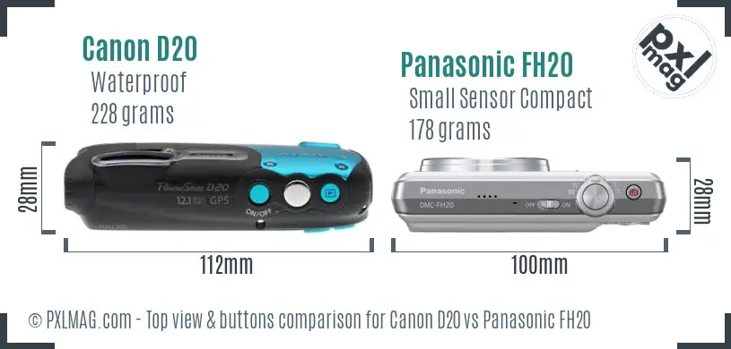 Canon D20 vs Panasonic FH20 top view buttons comparison Canon D20 vs Panasonic FH20 top view buttons comparison