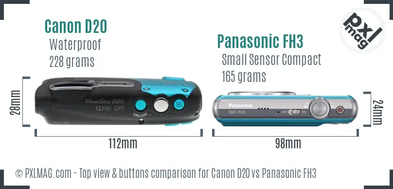Canon D20 vs Panasonic FH3 top view buttons comparison Canon D20 vs Panasonic FH3 top view buttons comparison