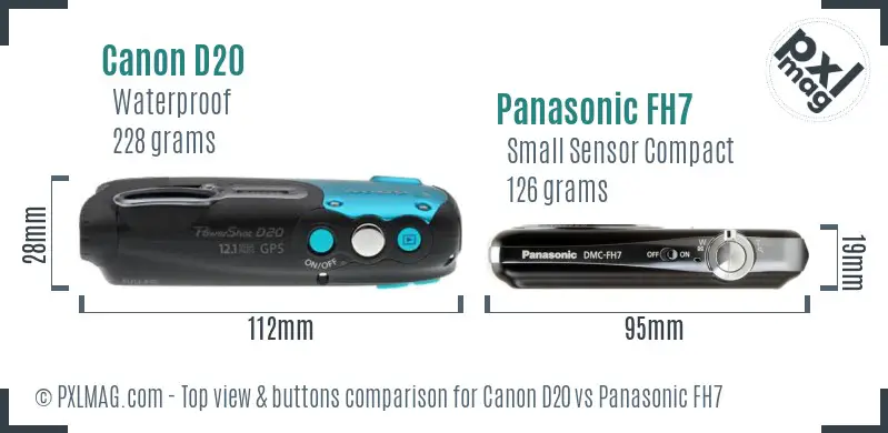 Canon D20 vs Panasonic FH7 top view buttons comparison Canon D20 vs Panasonic FH7 top view buttons comparison