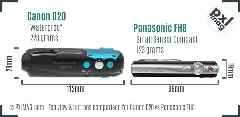 Canon D20 vs Panasonic FH8 top view buttons comparison