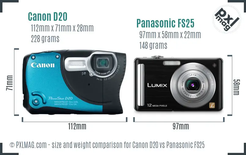 Canon D20 vs Panasonic FS25 size comparison