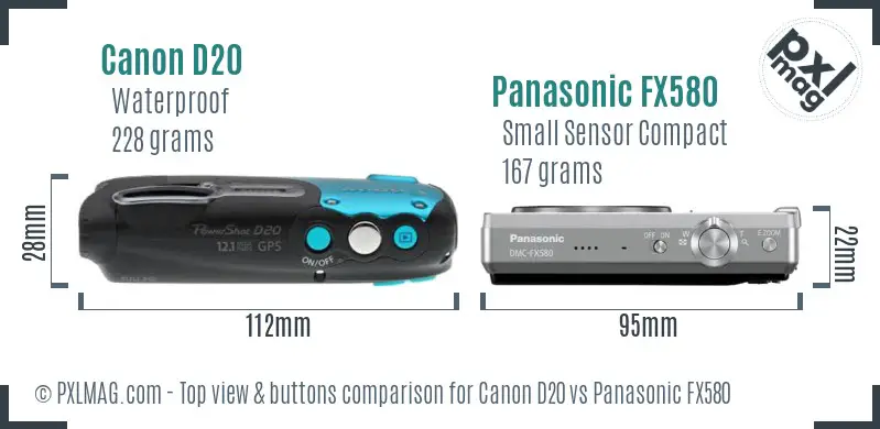 Canon D20 vs Panasonic FX580 top view buttons comparison