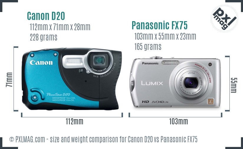 Canon D20 vs Panasonic FX75 size comparison