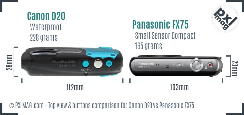 Canon D20 vs Panasonic FX75 top view buttons comparison