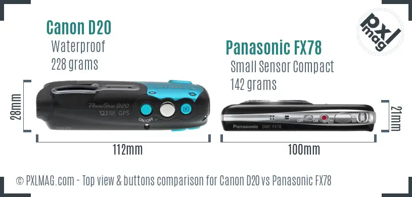Canon D20 vs Panasonic FX78 top view buttons comparison Canon D20 vs Panasonic FX78 top view buttons comparison