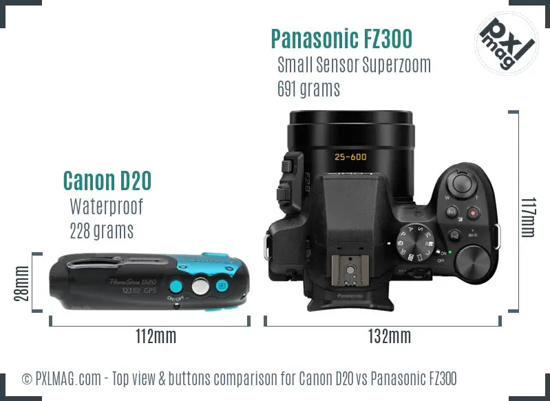 Canon D20 vs Panasonic FZ300 top view buttons comparison