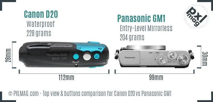 Canon D20 vs Panasonic GM1 top view buttons comparison