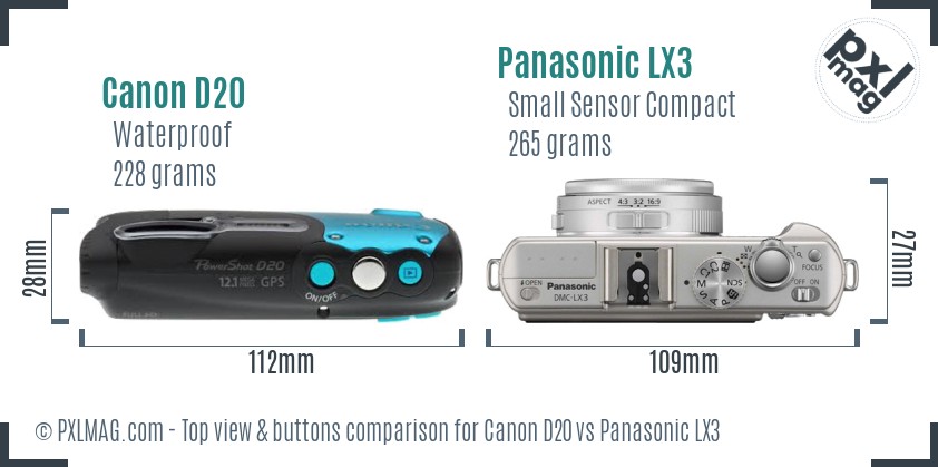 Canon D20 vs Panasonic LX3 top view buttons comparison