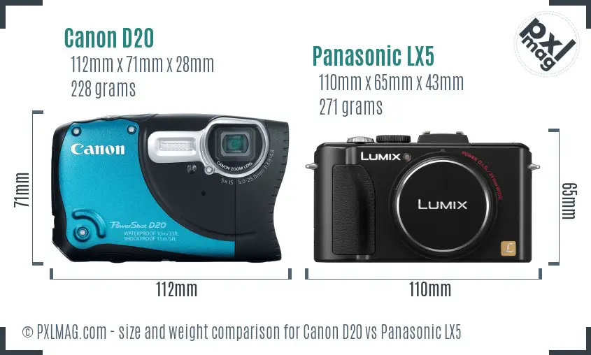 Canon D20 vs Panasonic LX5 size comparison