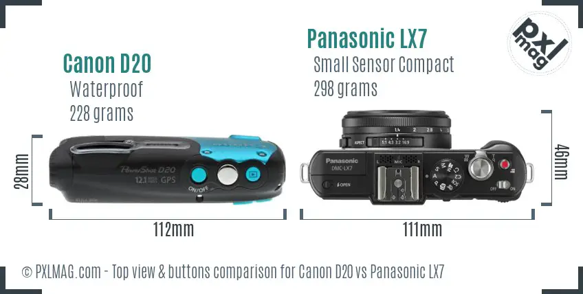 Canon D20 vs Panasonic LX7 top view buttons comparison