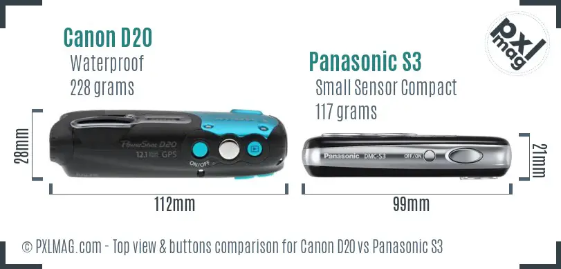 Canon D20 vs Panasonic S3 top view buttons comparison Canon D20 vs Panasonic S3 top view buttons comparison