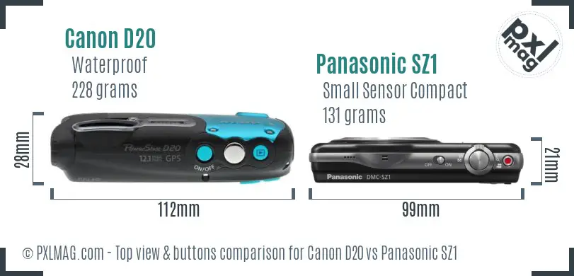 Canon D20 vs Panasonic SZ1 top view buttons comparison Canon D20 vs Panasonic SZ1 top view buttons comparison