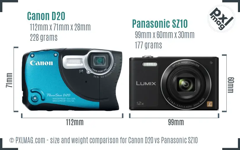 Canon D20 vs Panasonic SZ10 size comparison