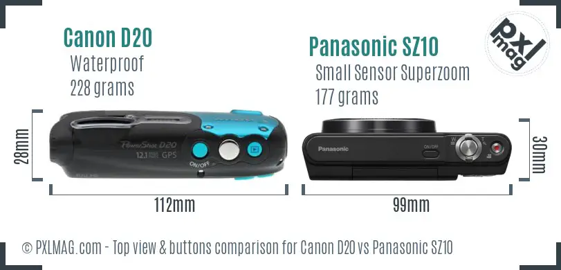 Canon D20 vs Panasonic SZ10 top view buttons comparison