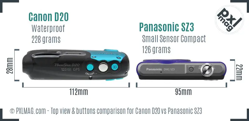 Canon D20 vs Panasonic SZ3 top view buttons comparison Canon D20 vs Panasonic SZ3 top view buttons comparison