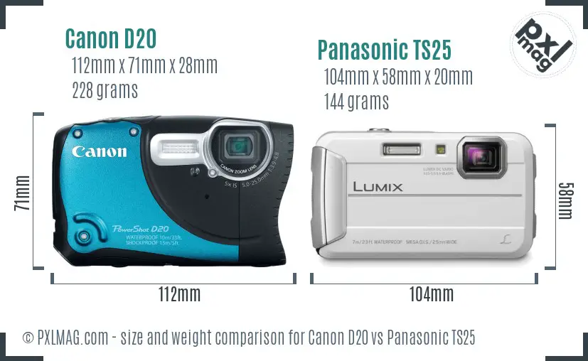 Canon D20 vs Panasonic TS25 size comparison