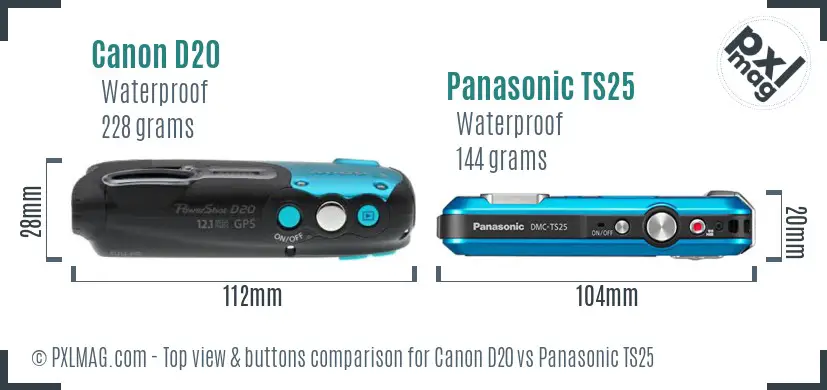 Canon D20 vs Panasonic TS25 top view buttons comparison