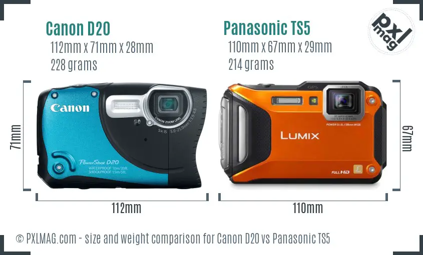 Canon D20 vs Panasonic TS5 size comparison
