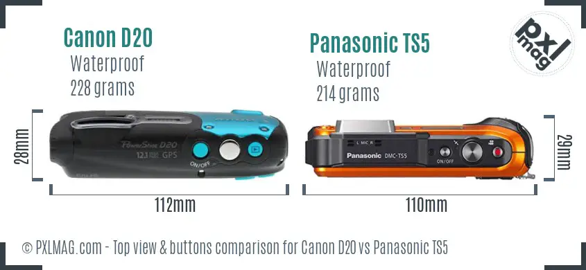 Canon D20 vs Panasonic TS5 top view buttons comparison