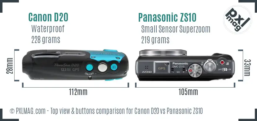 Canon D20 vs Panasonic ZS10 top view buttons comparison