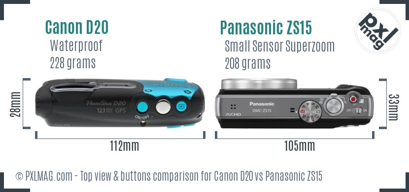 Canon D20 vs Panasonic ZS15 top view buttons comparison