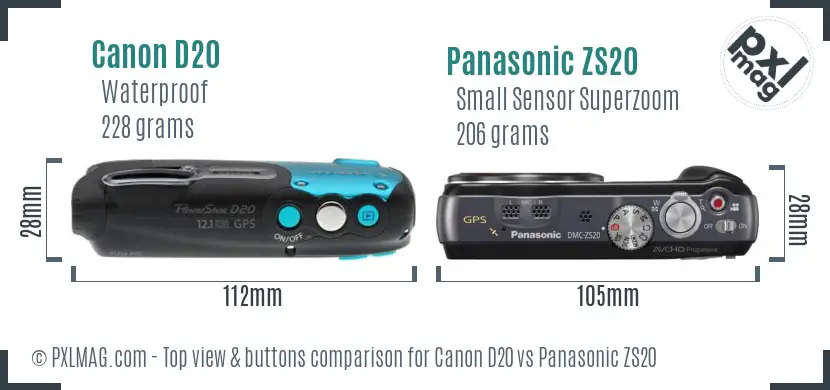 Canon D20 vs Panasonic ZS20 top view buttons comparison