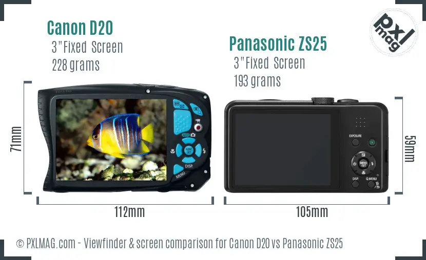 Canon D20 vs Panasonic ZS25 Screen and Viewfinder comparison