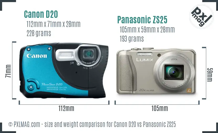 Canon D20 vs Panasonic ZS25 size comparison