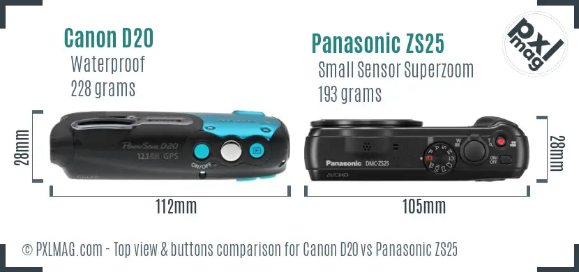 Canon D20 vs Panasonic ZS25 top view buttons comparison