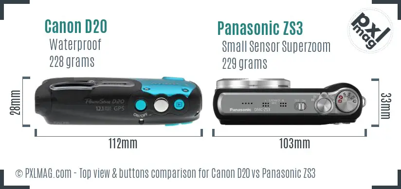 Canon D20 vs Panasonic ZS3 top view buttons comparison