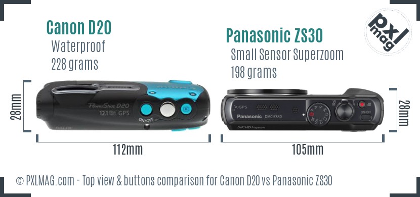 Canon D20 vs Panasonic ZS30 top view buttons comparison