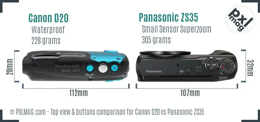 Canon D20 vs Panasonic ZS35 top view buttons comparison Canon D20 vs Panasonic ZS35 top view buttons comparison