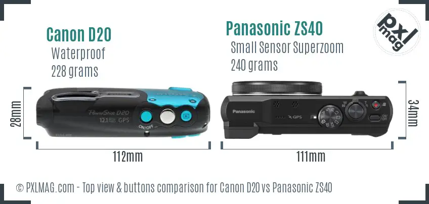 Canon D20 vs Panasonic ZS40 top view buttons comparison Canon D20 vs Panasonic ZS40 top view buttons comparison