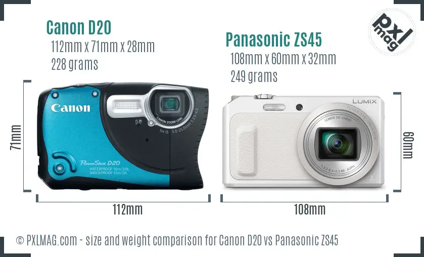 Canon D20 vs Panasonic ZS45 size comparison