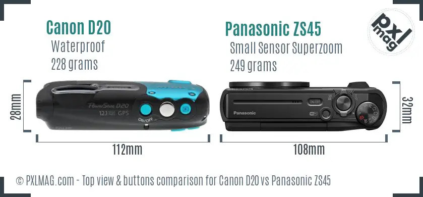 Canon D20 vs Panasonic ZS45 top view buttons comparison